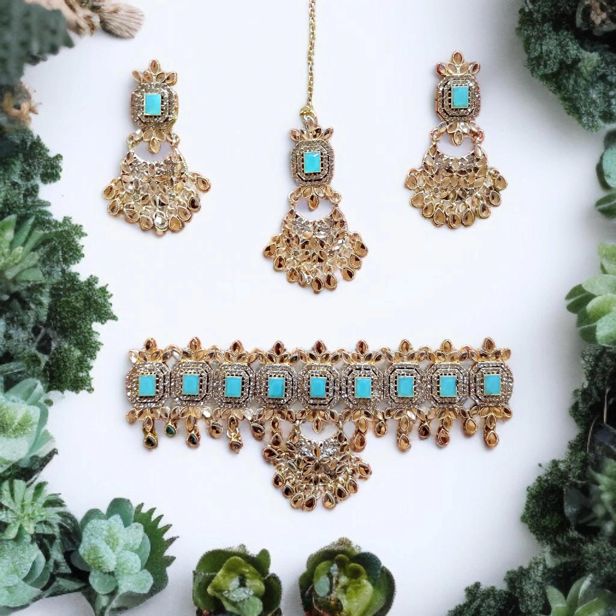 Buy cyan and gold colour jewellery set with necklace , earrings and tikka at best price in pakistan - Qureshi products