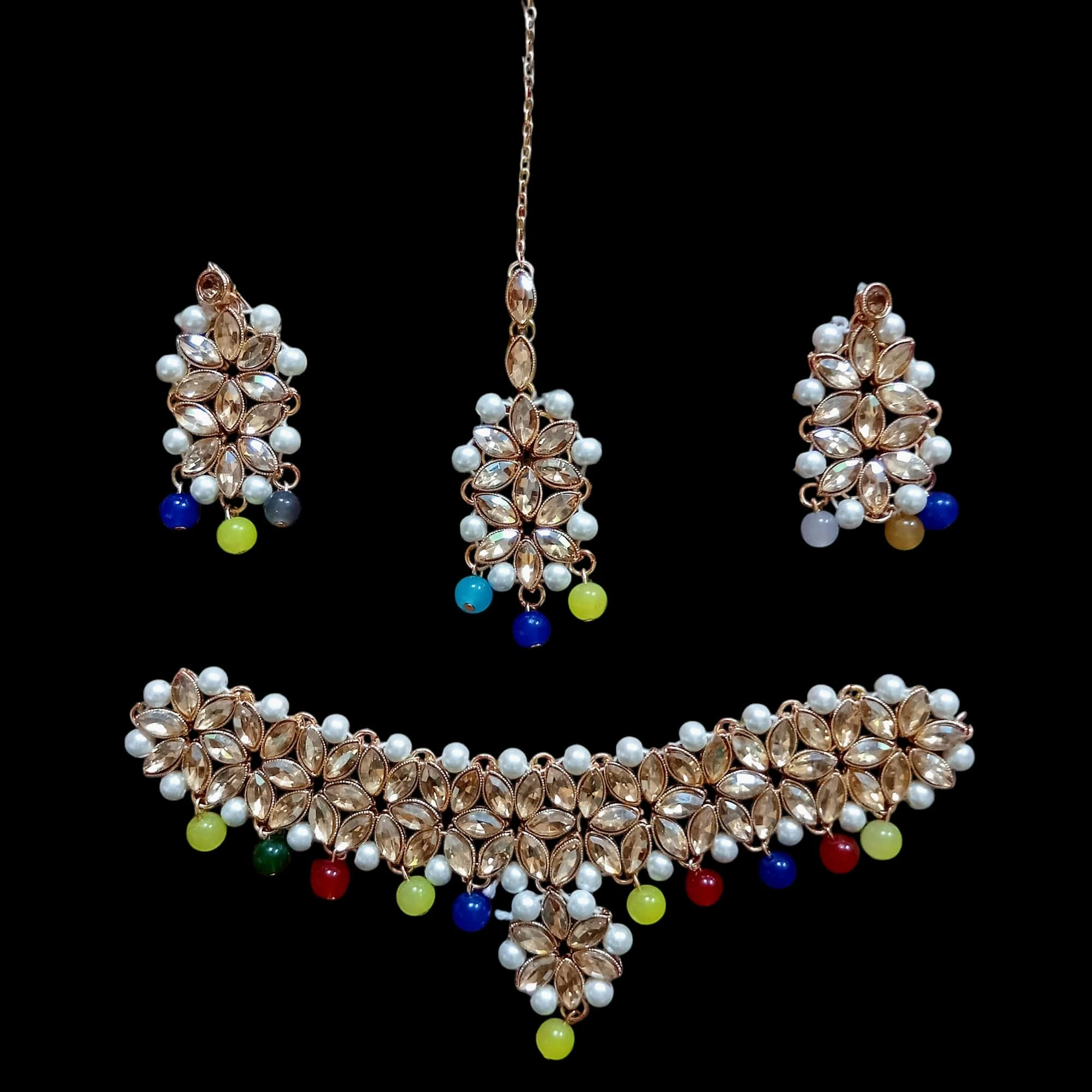 Buy multi colour jewellery set with necklace , earrings and tikka at best price in pakistan Qureshi products