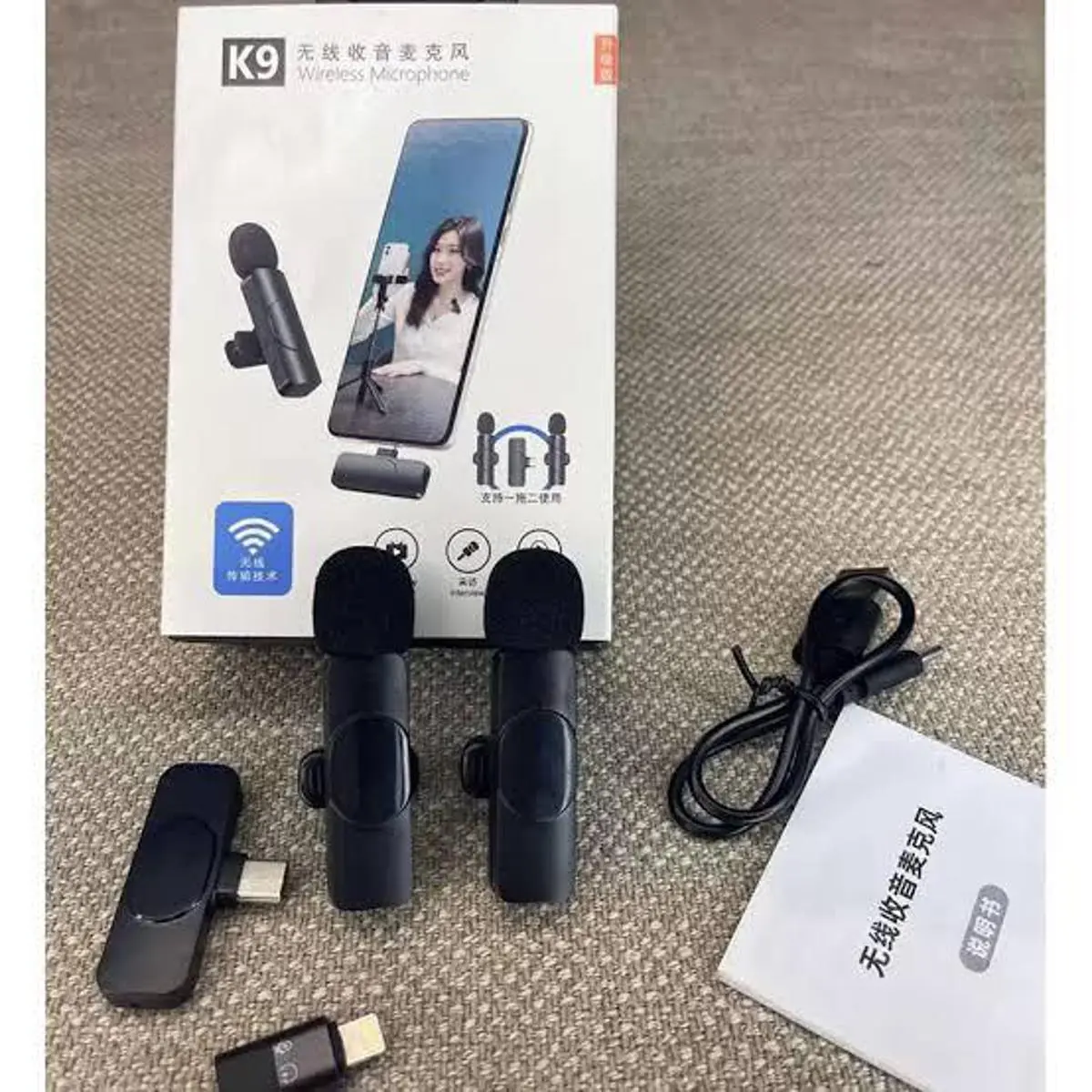 K9 Wireless Lavalier Microphone 3 in 1 with USB Type C and iOS Connector Plug and Play Noise Reduction for Vlogging and Live Recording